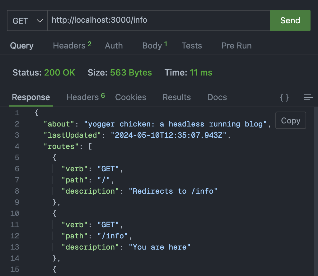 Our REST client making a GET request to the URL /info with no query parameters. The response code is 200, and the response body contains { "about": "yogger chicken: a headless running blog" }.