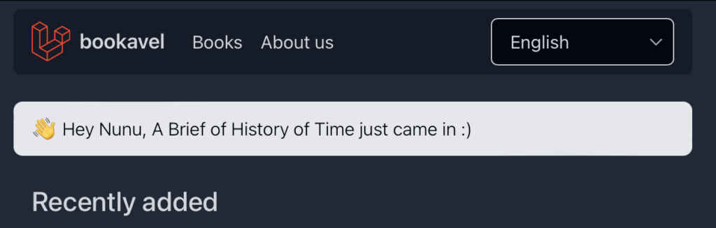 The upper part of the English home page, showing an alert that reads "Hey Nunu, A Brief History of Time just arrived :)"