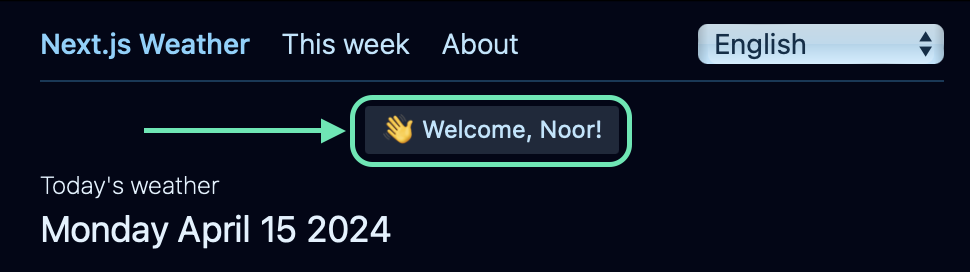 Our English home page, showing the new user greeting reading “Welcome, Noor!”