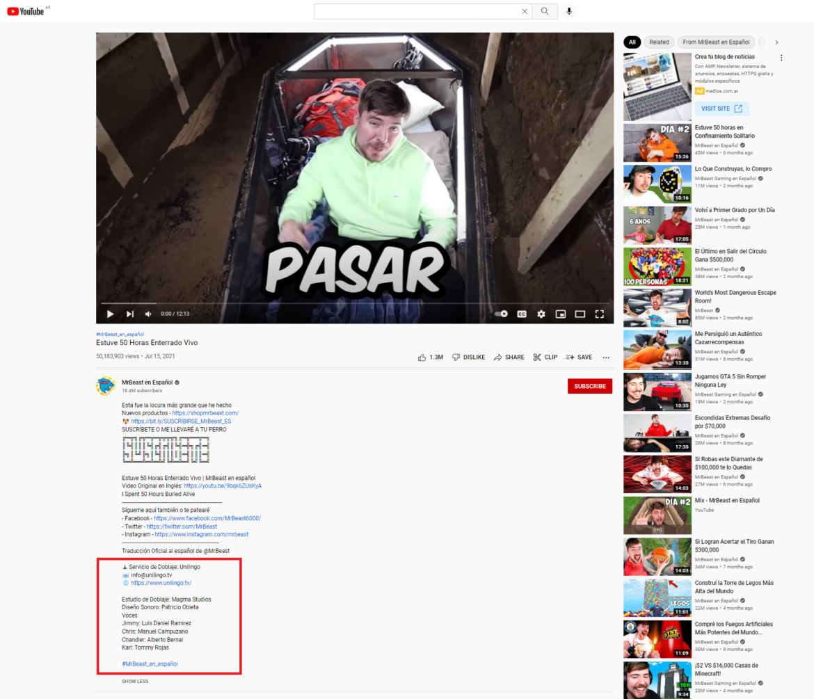 MrBeast 视频西班牙语描述截图 | Phrase