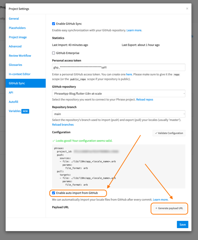 Enabling GitHub auto import | Phrase