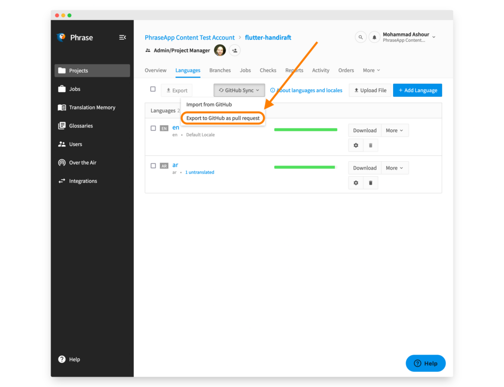 Exporting updated localizations from Phrase as a GitHub PR | Phrase
