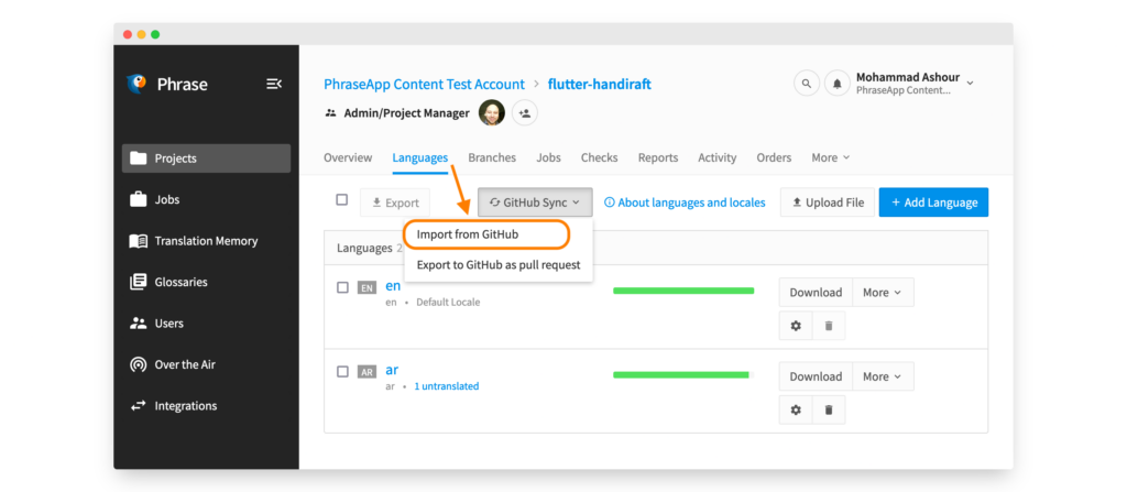 Manually importing from GitHub | Phrase