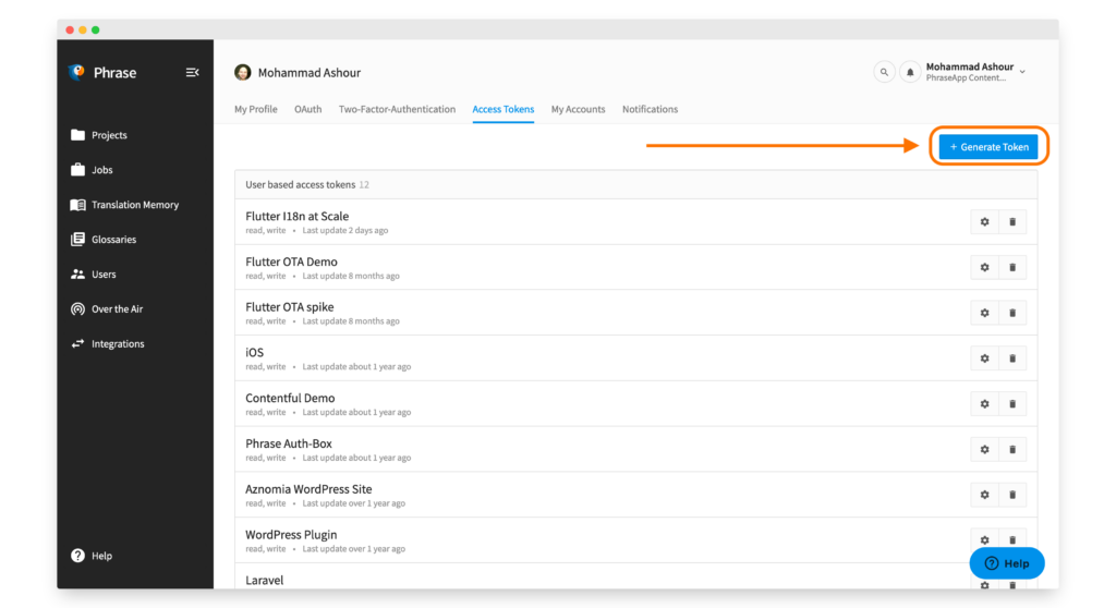 Generating a new access token from the Phrase console | Phrase