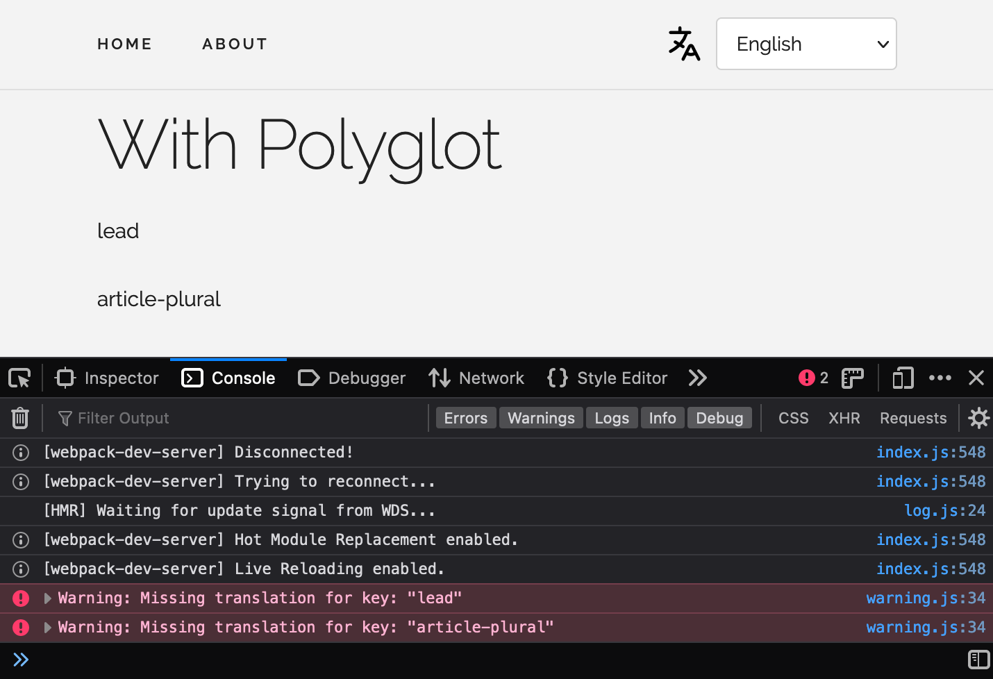 English locale demo app with Polyglot and missing menu items and main title | Phrase