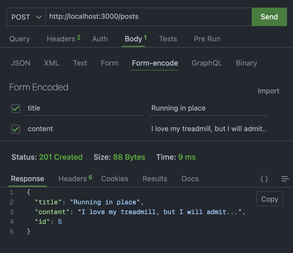Our REST client making a POST request to the URL /posts with form-encoded parameters title="Running in place" and content="I love my treadmill, but I will admit...". The response code is 201 Created, and the response body contains { "id": 5, "title": "Running in place", "content": "I love my treadmill, but I will admit..." }.