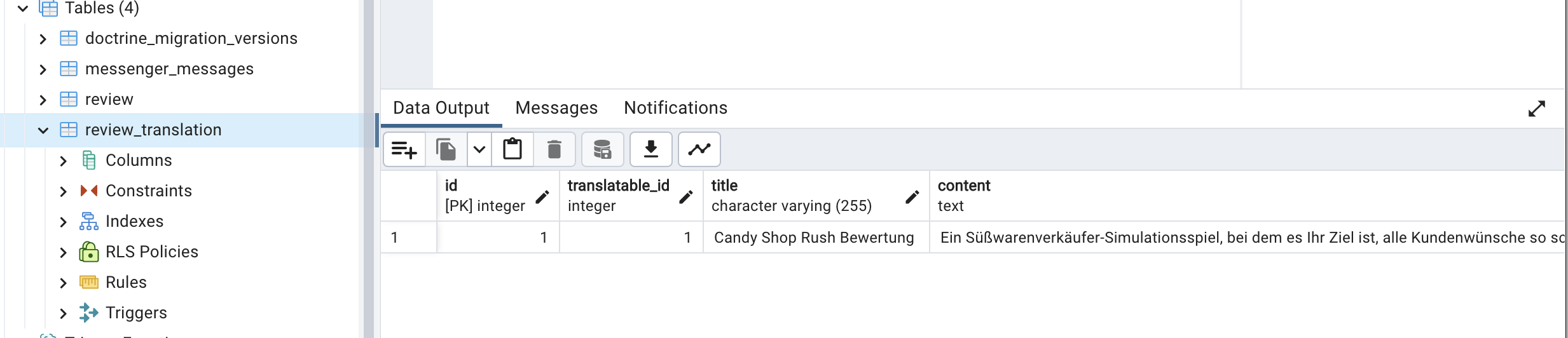 Screenshot of the review table | Phrase