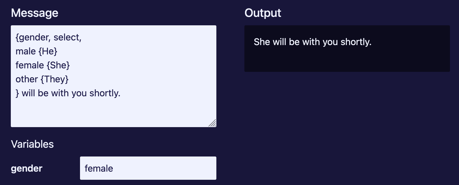 Using select to choose the proper gender pronoun.