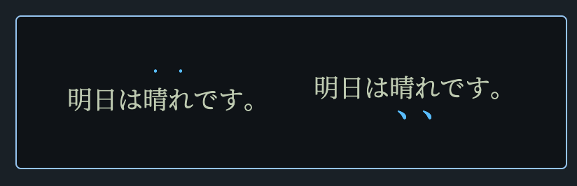 Two examples of Japanese writing with text emphasis, one with marks above the characters and one below.