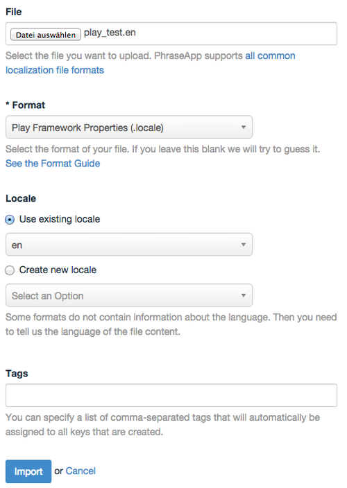 Uploading the locale file to the Translation Center | Phrase